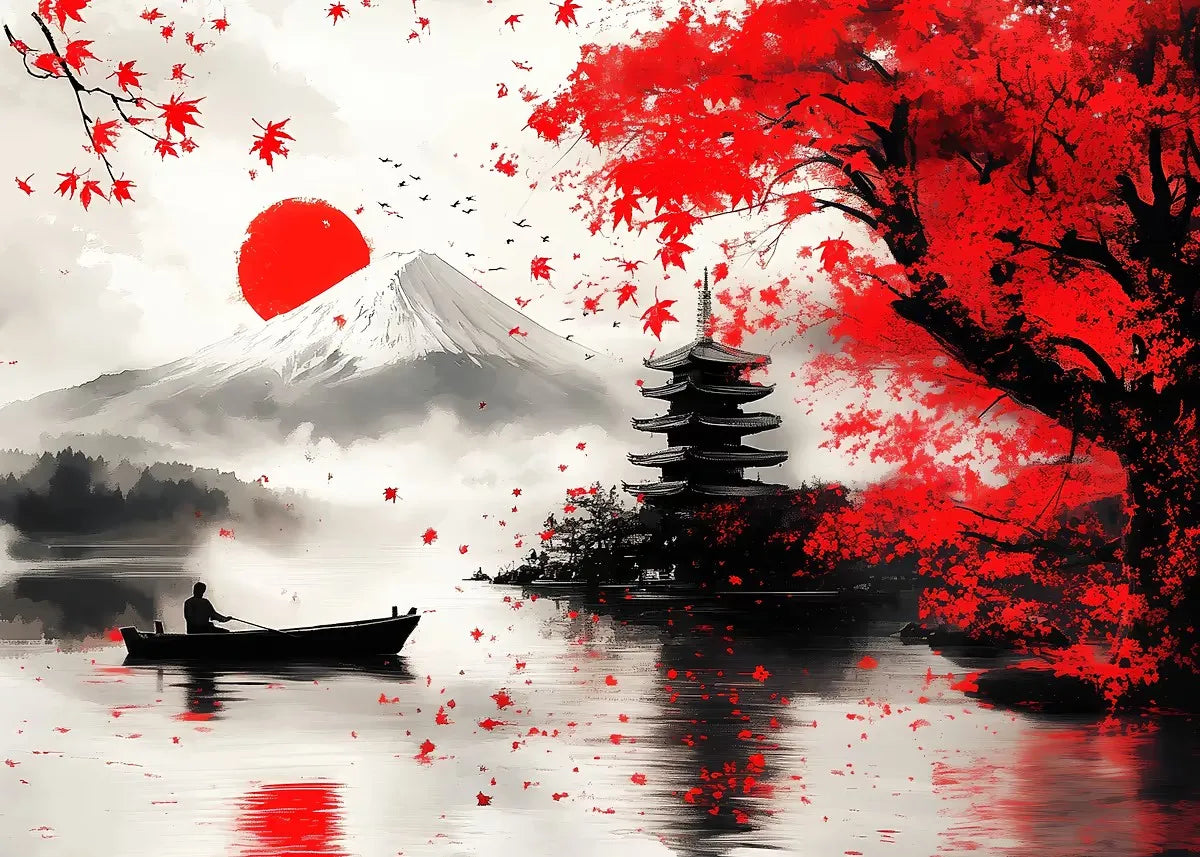 Japanese Landscape Ink Painting Poster Mountain Cherry Blossom Flowers Samurai Dragon Koi Canvas Picture Wall Art Home Decor