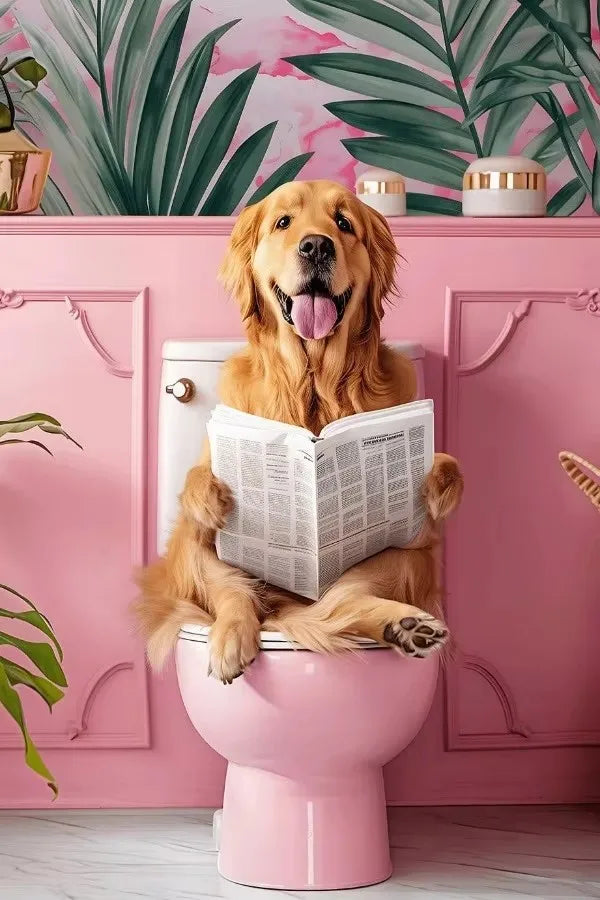 Funny Toilet Animals Black Cat Dog Flamingo Bear Tiger Reading Newspaper Poster Canvas Painting Wall Art Pictures Bathroom Decor