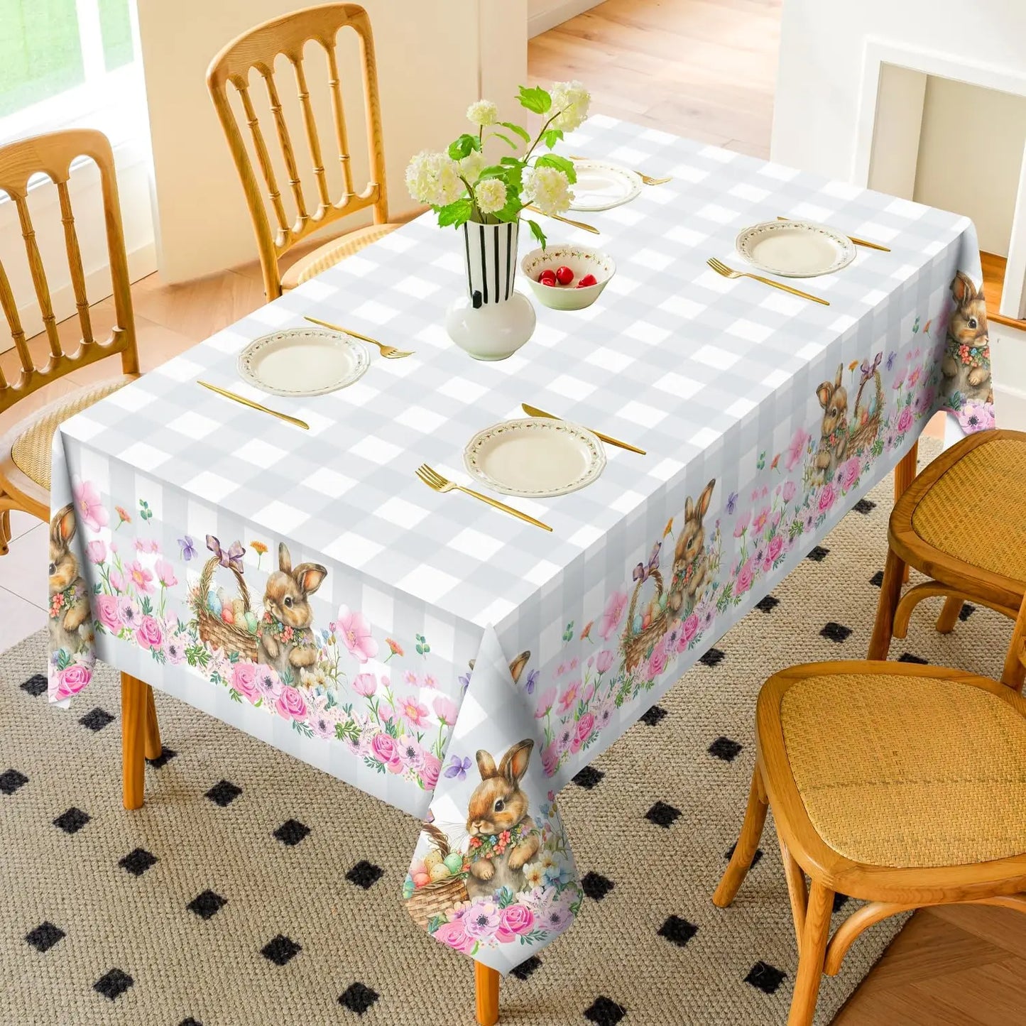 Spring Easter Bunny Egg Flower Buffalo Plaid Waterproof Tablecloth Easter Decorations Washable Rectangle Table Cloth Table Decor
