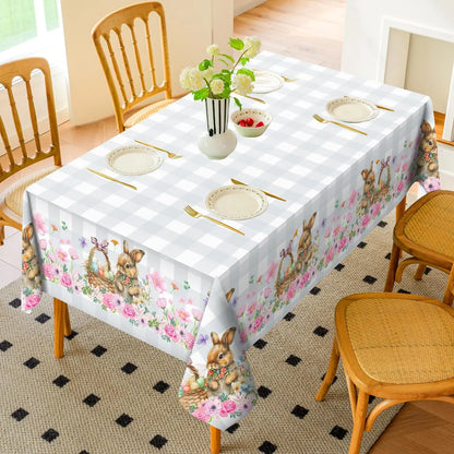 Spring Easter Bunny Egg Flower Buffalo Plaid Waterproof Tablecloth Easter Decorations Washable Rectangle Table Cloth Table Decor