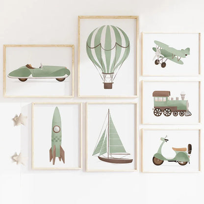 Sailboat Rocket Hot Air Balloon Plane Train Car Wall Art Nordic Posters Prints Canvas Painting Cartoon Pictures Kids Room Decor