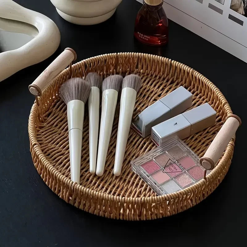 1/3 Piece Hand Woven Imitation Rattan Round Storage Tray Wooden Vintage Imitation Rattan Fruit Basket Snack Tray Storage Tray