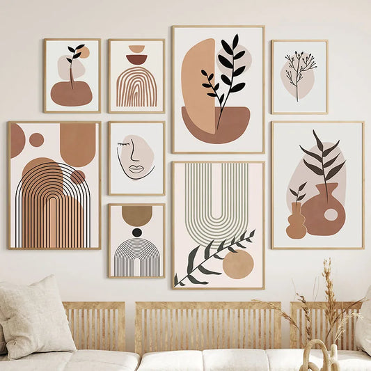 Boho Sun Lines Rainbow Color Blocks Vase Leaves Abstract Posters Wall Art Canvas Prints Painting Pictures for Living Room Decor