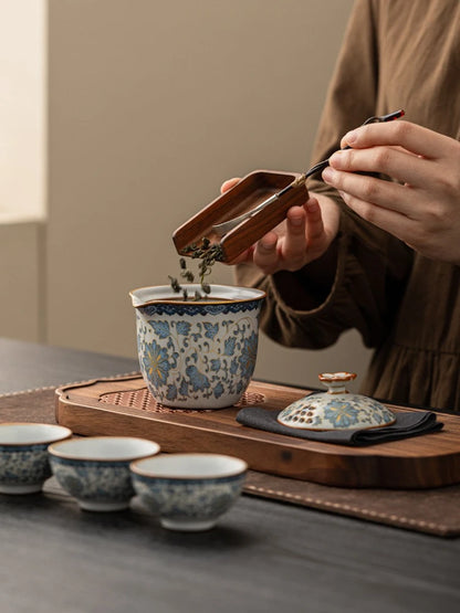 Tea Set Outdoor Travel Portable Tea Set ‌Zen Gradient Lotus Teapot & 2 Cups Ceramic Tea Kit for Camping & Meditation Gift Set