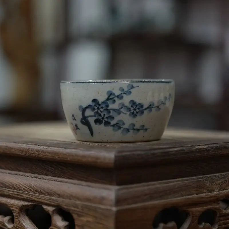 Hand-Painted Blue & White Coarse Pottery Teacup Set - Ceramic Gongfu Tea Cup, Small Cup for Pu'er Tea Ceremony
