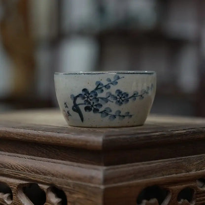 Hand-Painted Blue & White Coarse Pottery Teacup Set - Ceramic Gongfu Tea Cup, Small Cup for Pu'er Tea Ceremony
