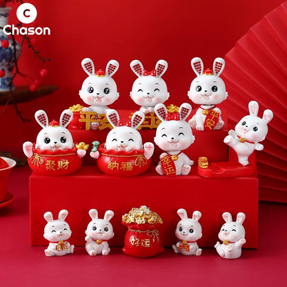Cute Kawaii Rabbit Bunny Hare Figurines 12 Zodiac Statues Sculpture Gaming Desk Car Ornaments Chinese New Year Home Decoration