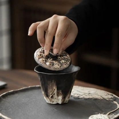 200ml Handmade Embossed Lotus Ceramic Tea TureeWabi Sabi Style Covered Bowl Coarse Pottery Tea Maker Gaiwan Kung Fu Tea Set Gift
