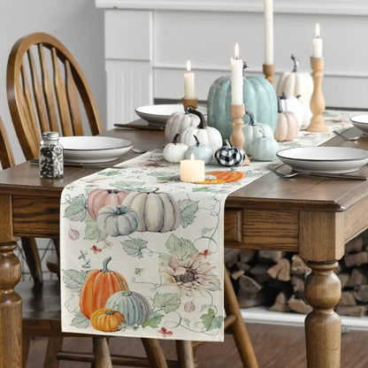 Fall Pumpkins Flowers Leaves Linen Table Runners Seasonal Autumn Thanksgiving Dresser Scarf for Kitchen Party Dining Table Decor