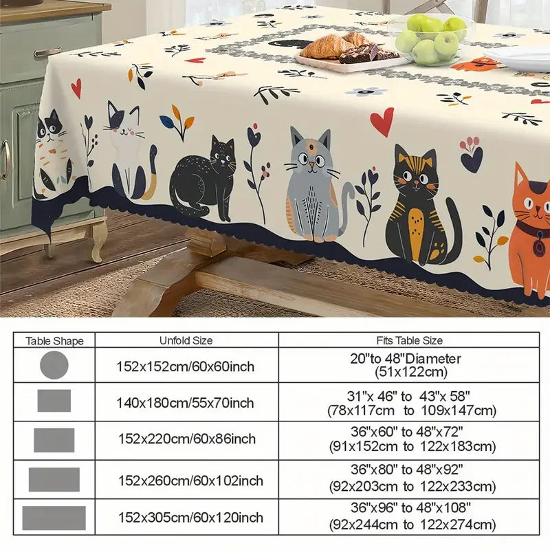 Cute Cat Floral Printed Rectangle Tablecloth Wedding Party Decor Orange Black Gray Cats Polyester Table Cloth Dining Table Decor