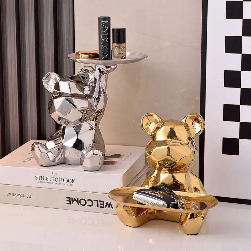 Bear decoration, geometric bear statue with tray storage, ceramic electroplating piggy bank, key, cosmetic storage container.
