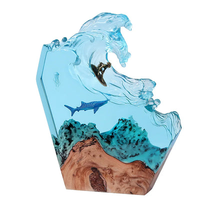 Ocean Whale Surfing Desktop Ornaments Creative Art Lamp Holder Solid Wood Resin Night Light Birthday Gift