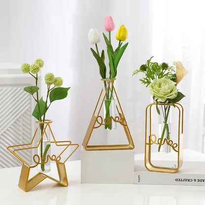 Nordic Gold Vase Hydroponic Home Decorations Modern Glass Dried Flower Pot Ornament Small Vases Room Decor Interior Accessories