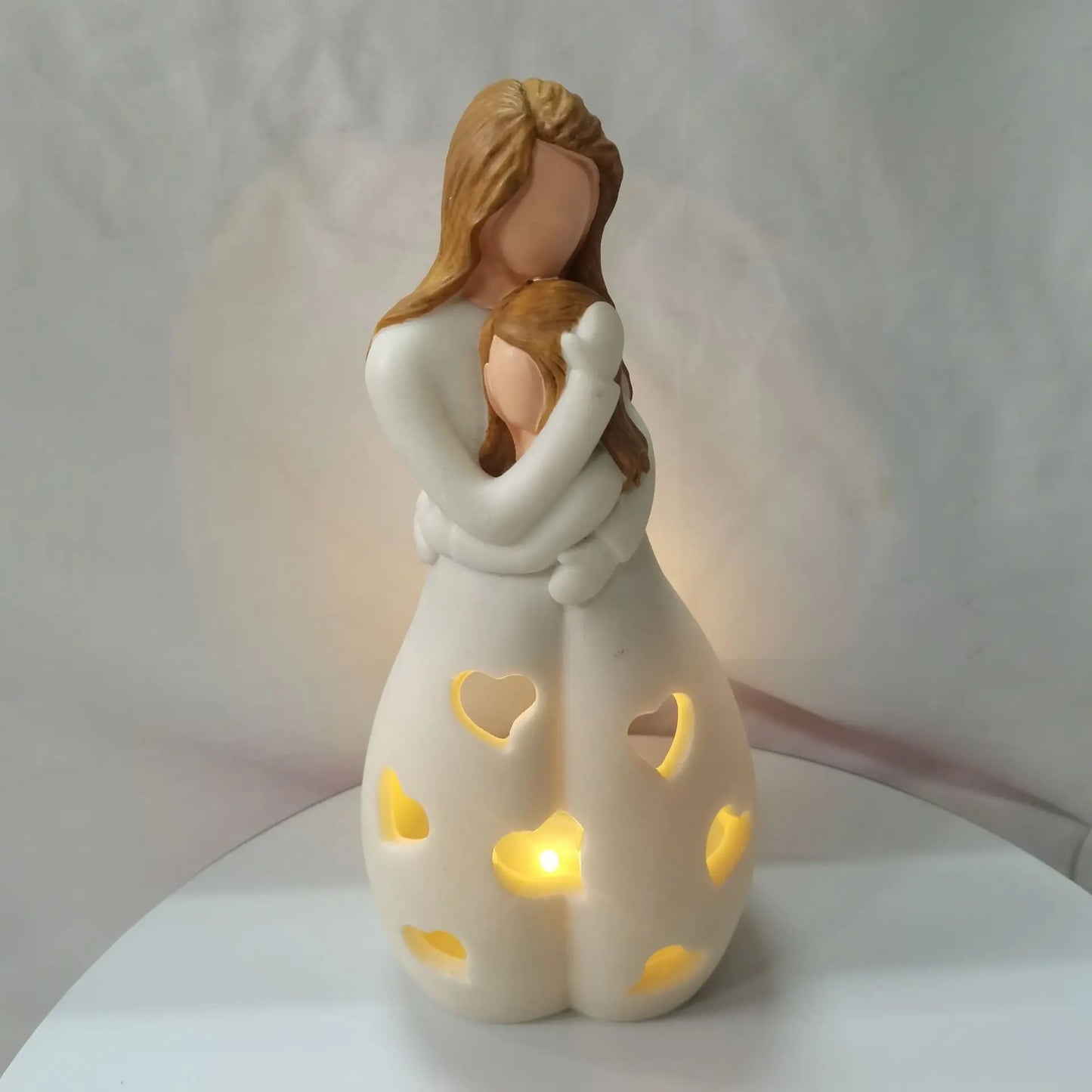 Candlestick Holder with Flickering LED Candle Memorial Gifts Standing Mother Hugging Daughter Statue Resin Figurines