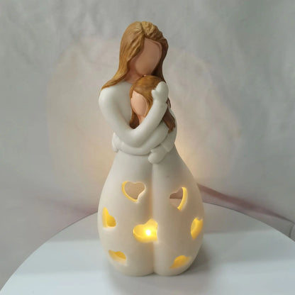 Kerzenhalter mit flackernder LED-Kerze, Gedenkgeschenke, stehende Mutter umarmt Tochter, Statue aus Kunstharz