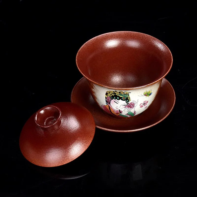 Handmade Ceramic Gongfu Tea Set, Chinese Bohemian Lid Bowl & Saucer, 170ml; Capacity, Artistic Tea Cup for Traditional Ceremony