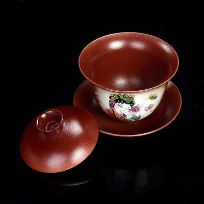 Handmade Ceramic Gongfu Tea Set, Chinese Bohemian Lid Bowl & Saucer, 170ml; Capacity, Artistic Tea Cup for Traditional Ceremony