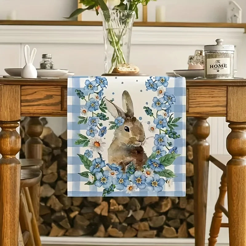 Easter Bunny Blue Flowers Linen Table Runner for Easter Decorations Spring Daisy Floral Plaid Table Runners Holiday Party Decor