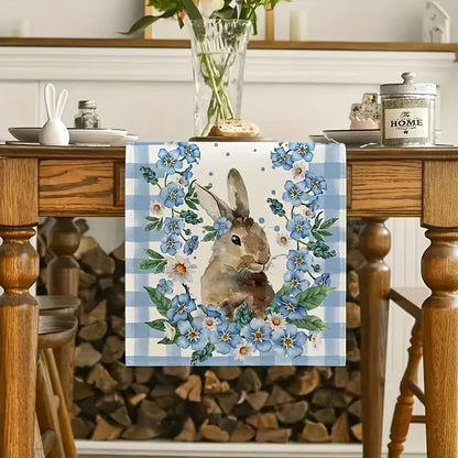 Easter Bunny Blue Flowers Linen Table Runner for Easter Decorations Spring Daisy Floral Plaid Table Runners Holiday Party Decor