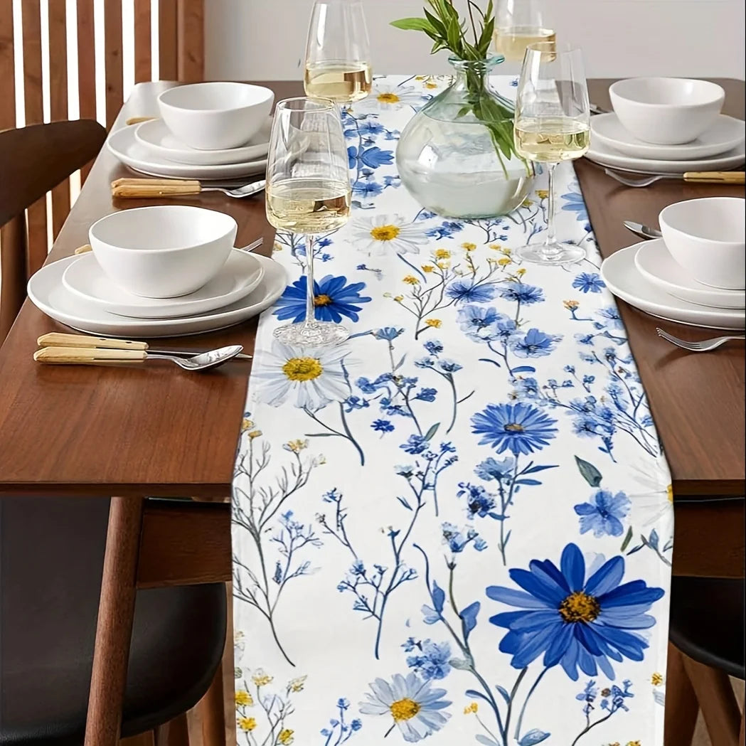 Blue White Daisy Wildflowers Linen Table Runner Wedding Decor Farmhouse Holiday Kitchen Dining Table Runners Picnic Party Decor