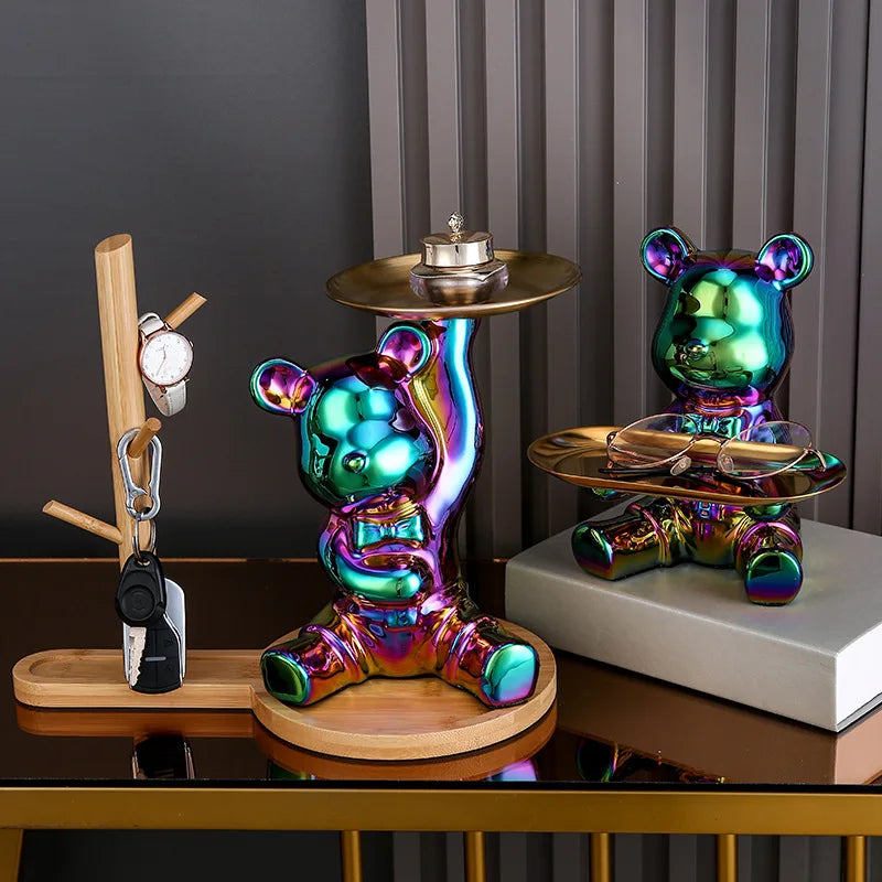 YuryFvna Sculpture Ceramic Colorful Plating Bear Storage Box Home Living Room Desktop Storage Tray Decorative Statue