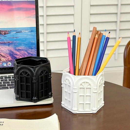 Retro Roman Side House Relief Pen Holder Office Stationery Multi Functional Storage Student Creative Desktop Decoration