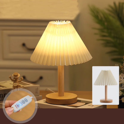 Pleated Bedroom Bedside Lamp Nordic Style Solid Wood Night Lamp Homestay Ambient Lamp Decorative Table Lamp USB Rechargeable