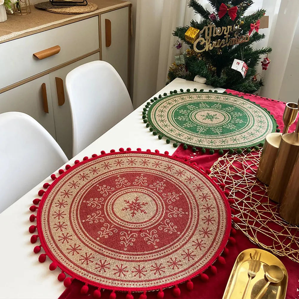 Christmas Kitchen Placemat, Snowflake Elk Woven Table Mat Printed Pom Pot Insulation Mat, Retro Napkin, Cotton Linen, Decorative