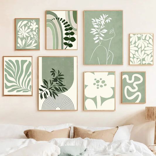 Bohemia Green Lines Girl Rainbow Leaf Flower Abstract Posters And Prints Wall Art Canvas Painting Pictures for Living Room Decor