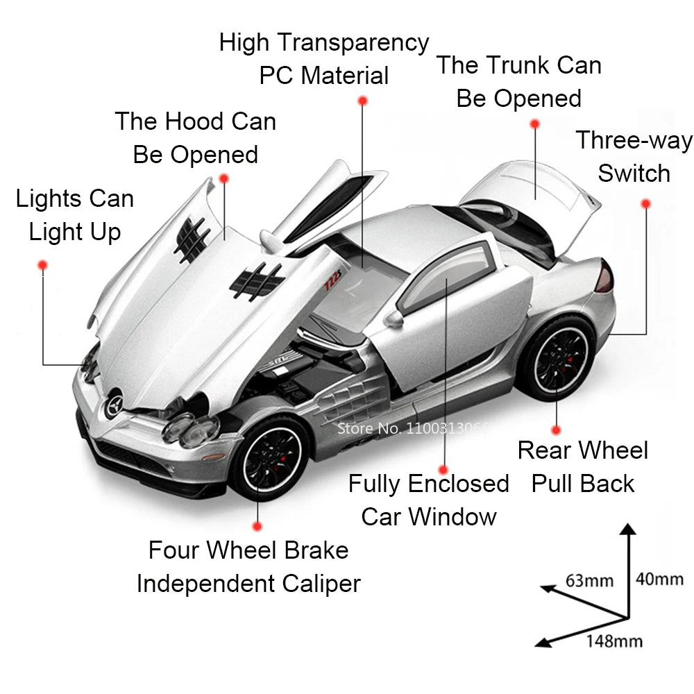 1:32 SLR 772S SLS Toys Model Sports Cars Alloy Diecast with Light Sound Vehicle Wheel Pull Back Miniature Car Boys Perfect Gifts