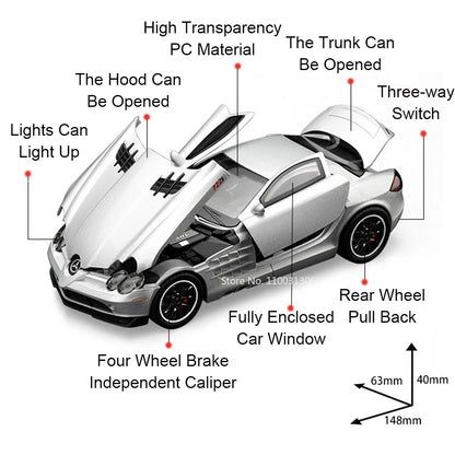 1:32 SLR 772S SLS Toys Model Sports Cars Alloy Diecast with Light Sound Vehicle Wheel Pull Back Miniature Car Boys Perfect Gifts