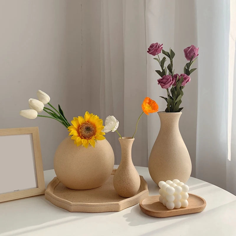 Retro Art Flower Vase Wooden Flower Bottle for Room Tabletop Ornament Plants Pot Flower Arrangement Container Home Decoration