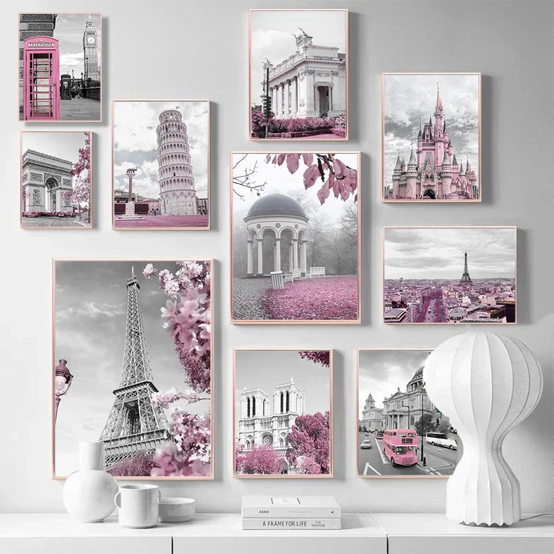 Paris Flower France City Building Posters and Prints Castle Pink and Black Wall Art Nordic Canvas Painting Pictures Room Decor