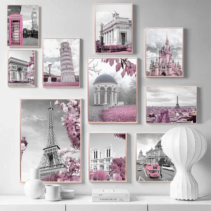 Paris Flower France City Building Posters and Prints Castle Pink and Black Wall Art Nordic Canvas Painting Pictures Room Decor