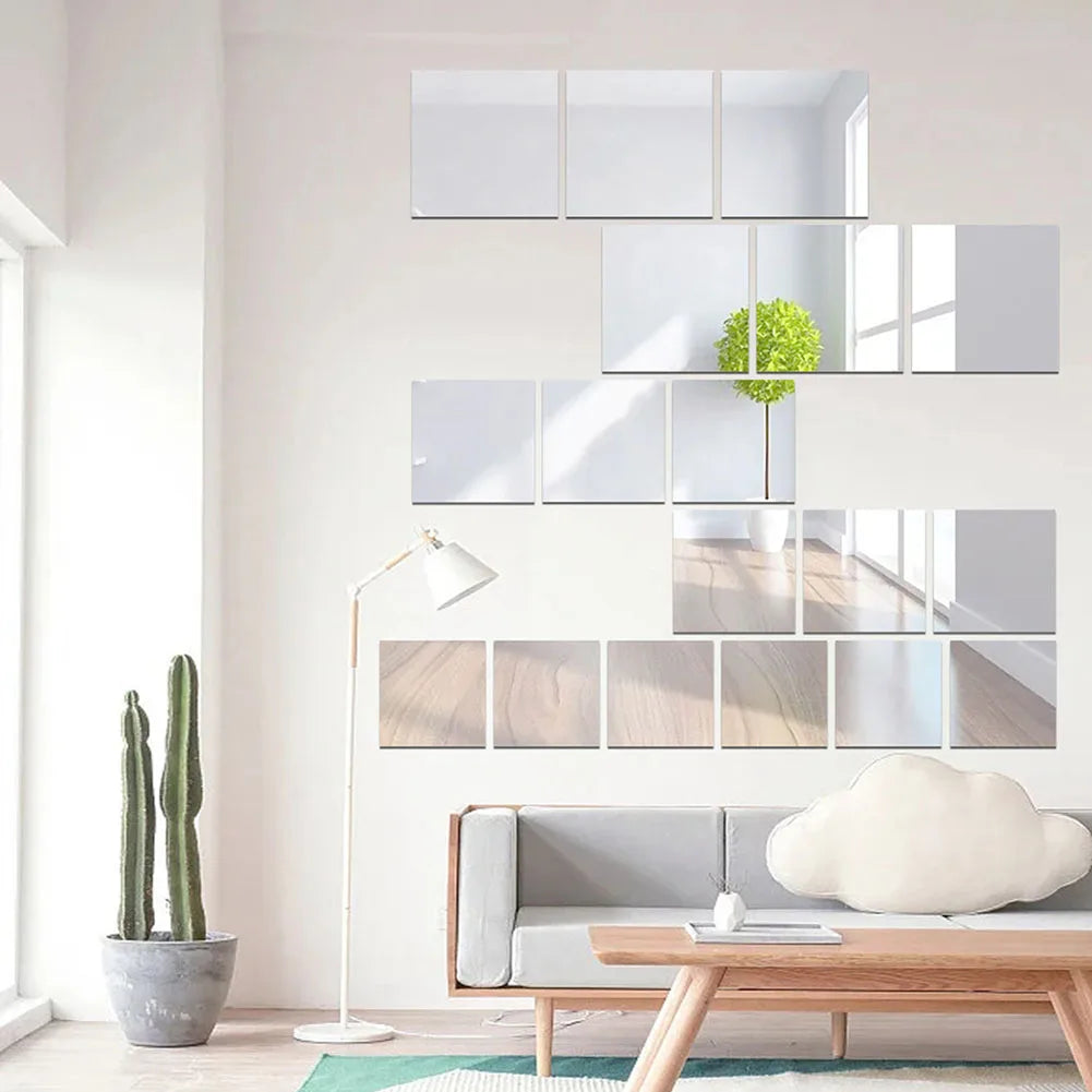 Autocollants muraux de carreaux de miroir carrés 3D, 6 pièces, 20x20cm, en acrylique argenté, autocollant auto-adhésif, décor pour salle de bains et chambre à coucher