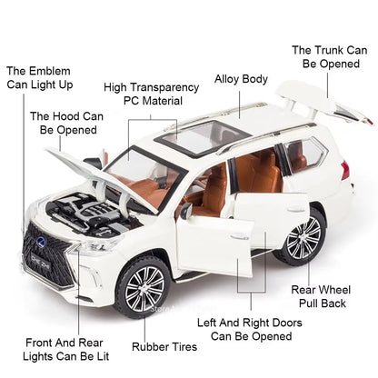 1:24 Metal LX570 LX600 Cars Miniature Models 6 Doors Opened Off-road SUV Diecast Toy Light Music Toys for Boys Festival Presents