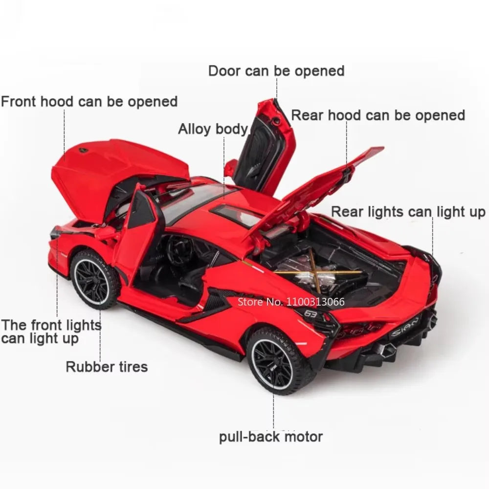 1:32 Scale Lambor URUS Sian Metal Model Car Diecast Toys Doors Opened Sports Car Music Light Vehicles Toy Boys Collectible Gifts
