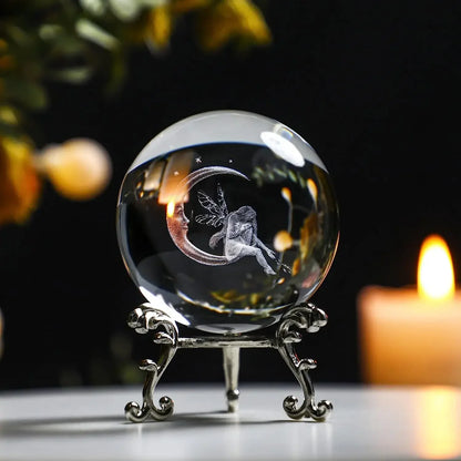GIFTS 60mm(2.3inch) Moon & Fairy Crystal Ball Paperweight 3D Laser Engraved Quartz Glass Ball Sphere Table Decor Crafts