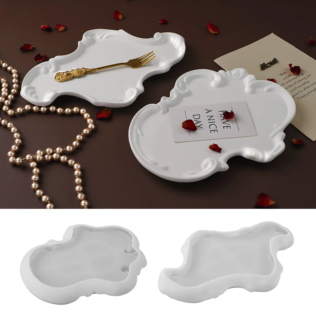Baroque style Concrete European Style Lace Relief Tray Silicone Mold for DIY Gypsum Storage Dish Silicone Mold