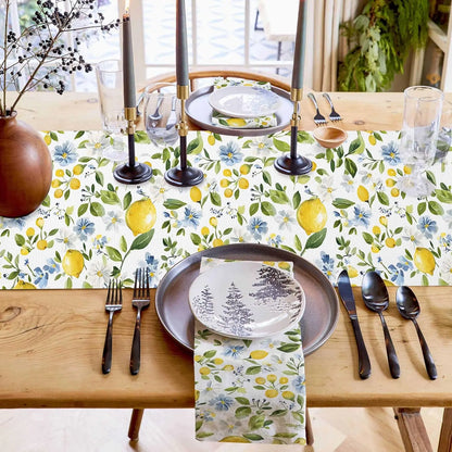 Summer Yellow Lemon Blue Flowers Linen Table Runner Holiday Party Decor Farmhoue Kitchen Dining Table Runners Wedding Decoration