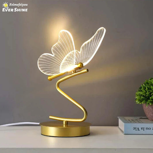 Nordic LED Table Lamp Indoor Lighting Switch Button Living Room Bedroom Bedside Restaurant Home Decoration Butterfly Desk Lamps