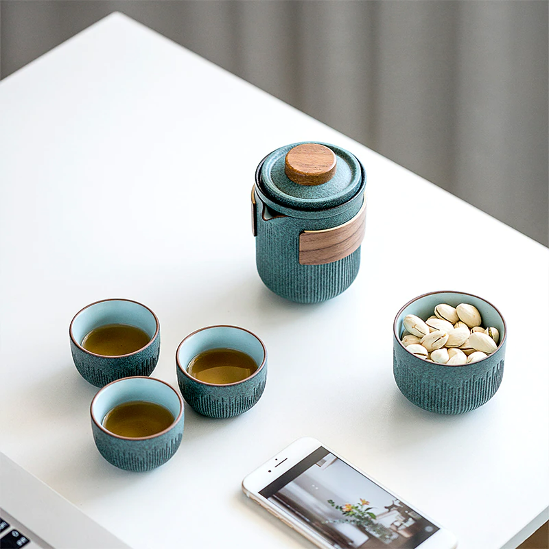 Seramik Seyahat Taşınabilir Çay Seti | Bluestone Sır Çizili Hızlı Konuk Kupası | Dört fincan seramik | Seyahat Taşınabilir Çay Seti Açık