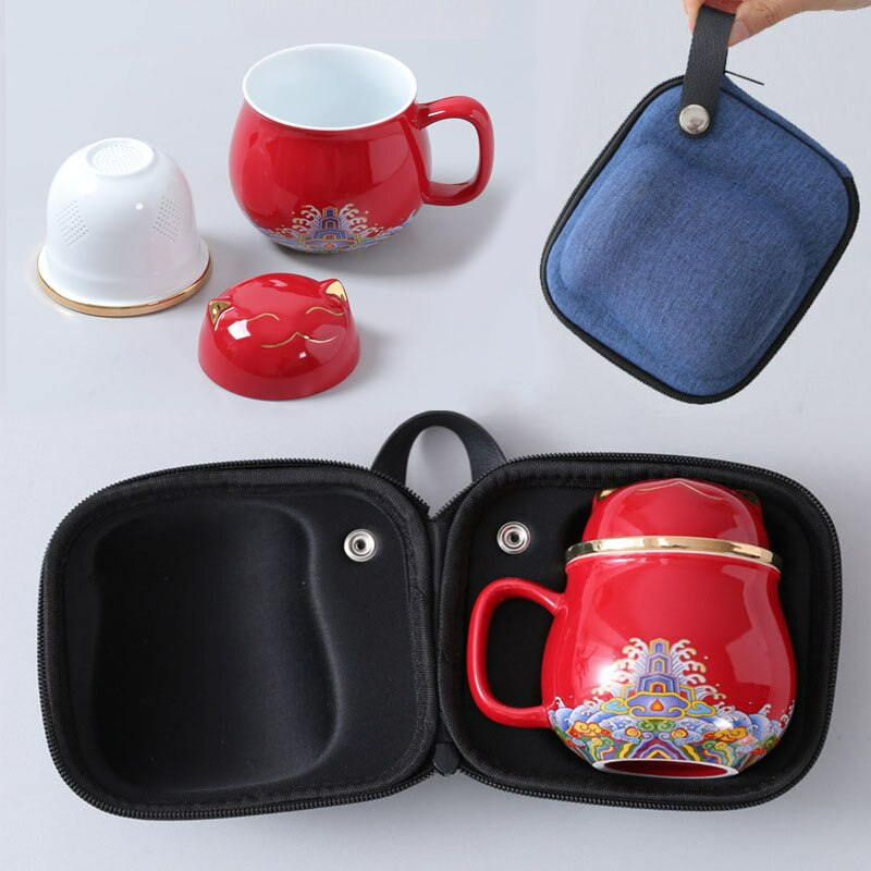 Taza de té y café de gato con suerte con infusor Caza de gatos prohibidas con tapa de cerámica té tea de café tazón de leche tazas de té bebida