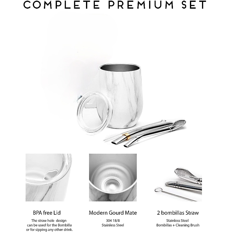 8 Oz Yerba Mate Cup, Tea Cup Set Include Stainless Steel Modern Mate Cup, 2  Bombilla Mate Straws, Cleaning Brush and BPA Free Lid, Double-Walled and