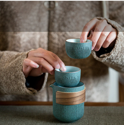 Seramik Seyahat Taşınabilir Çay Seti | Bluestone Sır Çizili Hızlı Konuk Kupası | Dört fincan seramik | Seyahat Taşınabilir Çay Seti Açık