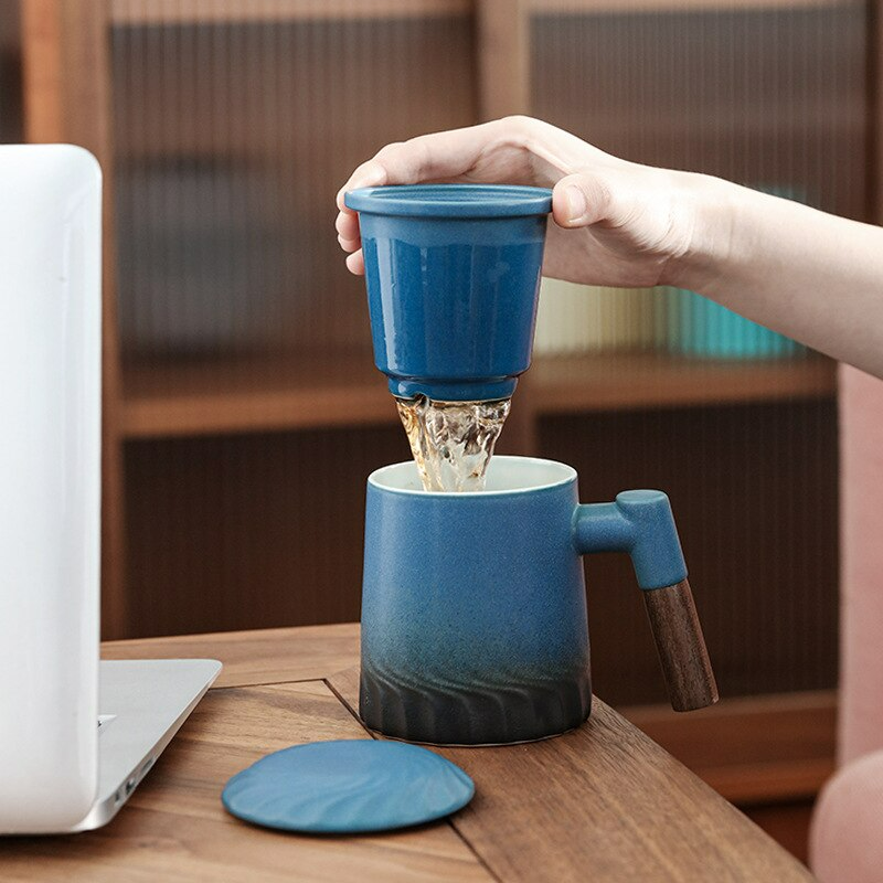 Taza de té de cerámica Caza de filtro de separación de agua con tapa