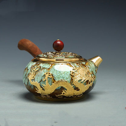 Einzigartige Kung-Fu-Teekanne, handgefertigt, vergoldet, mit Seitengriff aus Ebenholz