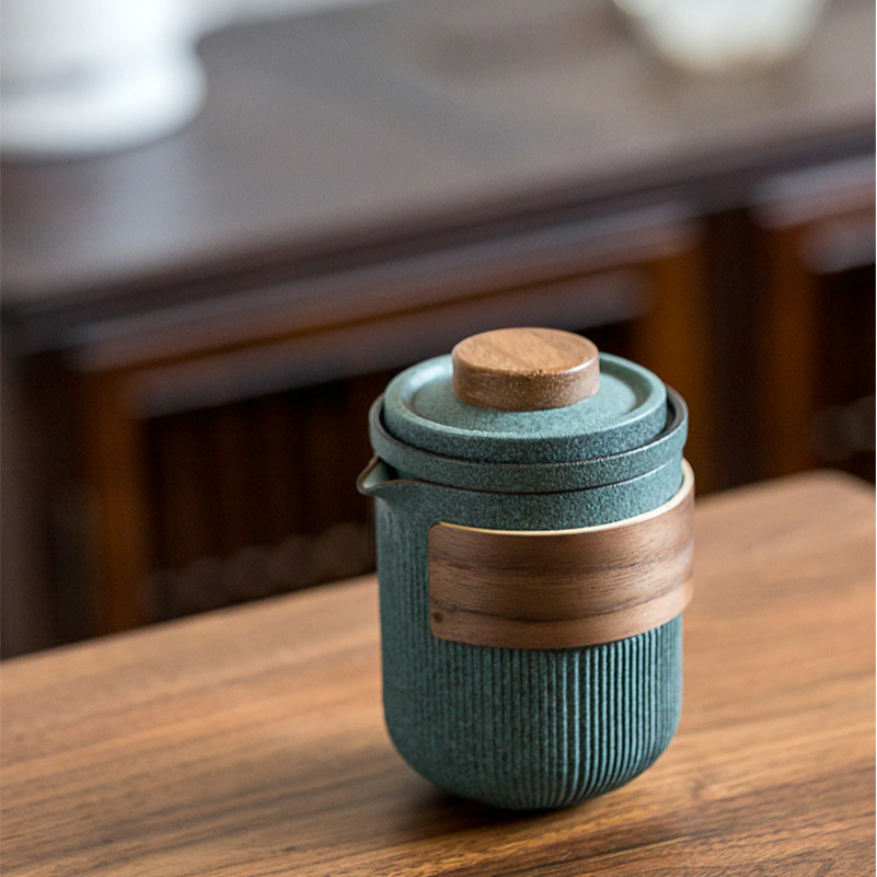 Ceramiczny zestaw herbaty przenośny | Bluestone Glaze w paski Szybki kubek gości | Cztery filiżanki ceramiczne | Podróż z przenośnym zestawem herbaty na świeżym powietrzu