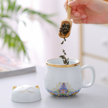 Cute Lucky Cat Tea & Coffee Mub z Infuser Recydden City Cat Cup z pokrywką ceramiczną kobietę herbatę i kubek kubek kubek herbaty herbaty