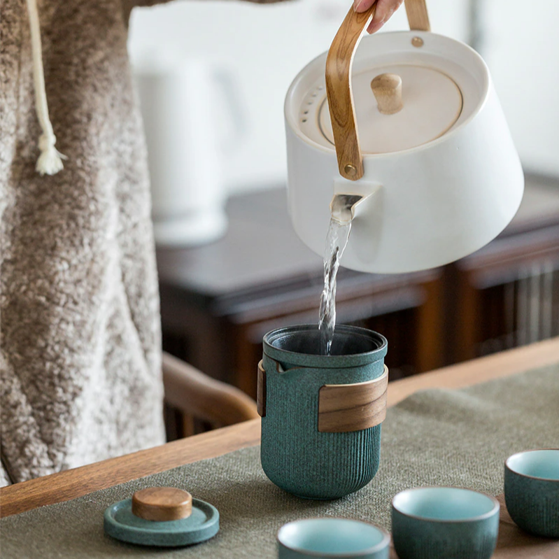Ceramic Travel Portable Tea Set | Bluestone Glaze Rayed Rapid Guest Cup | Cerámica de cuatro tazas | Viajes en el juego de té portátil al aire libre